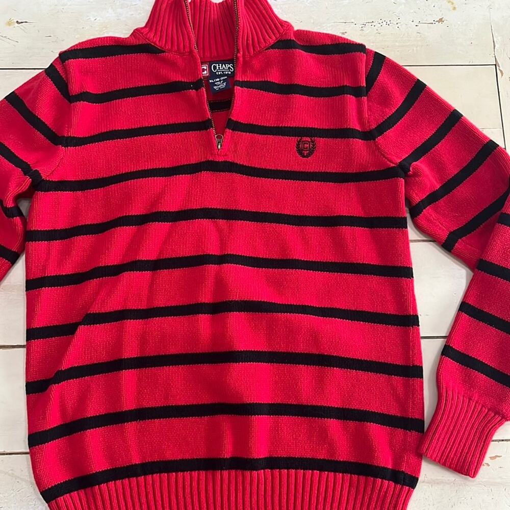 Chaps Knit Sweater 1/4 zip Mockneck Holiday Red Black Striped Boys XL 18/20